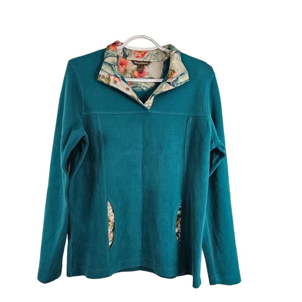 Tommy Bahama Womens Pullover Sweater Size M Floral Satin Trim Snap Collar